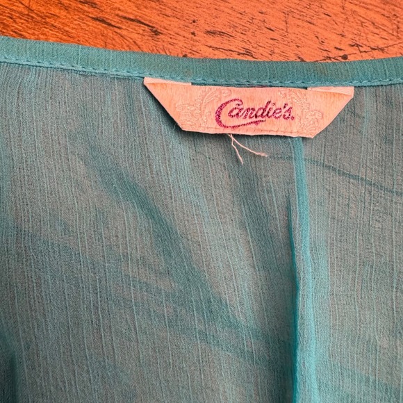 Candies Turquoise Ruffle‎ Sleeve Elastic Waist Sheer Blouse Top Womens - Picture 3 of 6